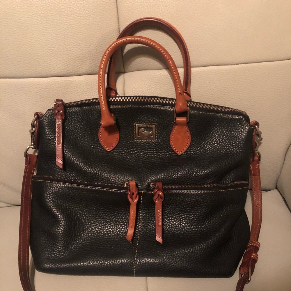 Dooney & Bourke Black Pebbled Leather Satchel with Tan Trim